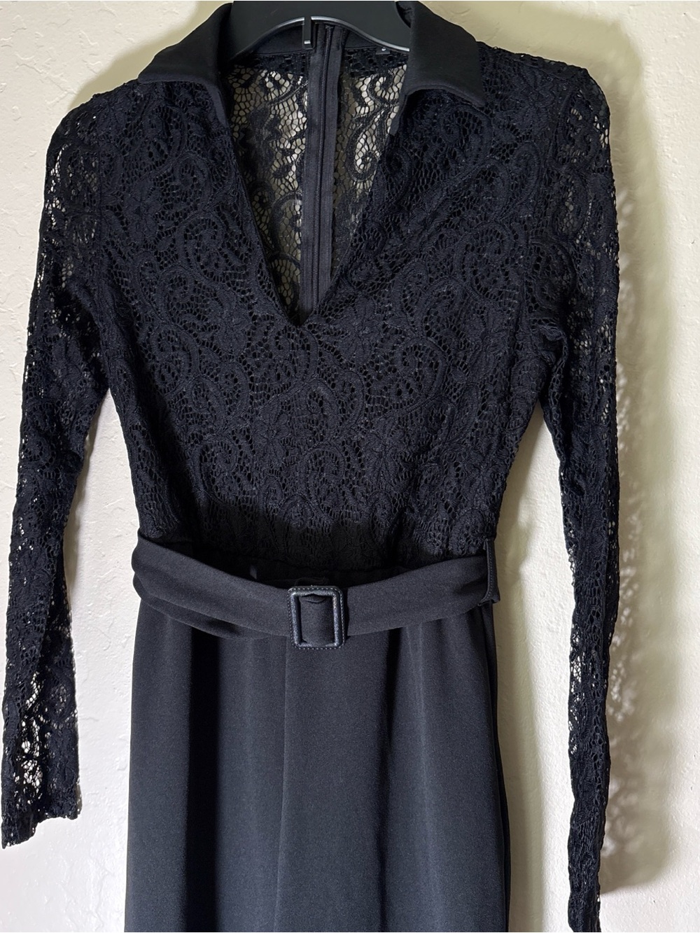 Black Lace Long-Sleeve Belted Dress